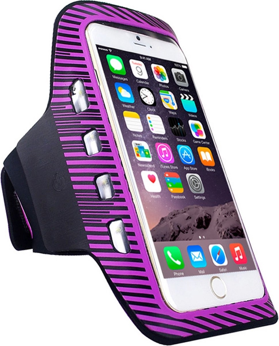 Mobigear Telefoonhoesje geschikt voor Telefoonhouder Hardlopen Apple iPhone 6s Plus Sport Hoesje Neopreen | Mobigear LED Sportarmband - Paars