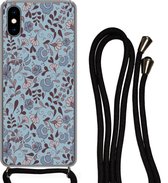 Coque avec cordon iPhone XS - Motif - Bloem - Grijs - Blauw - Siliconen - Bandoulière - Coque arrière avec cordon - Coque pour téléphone avec cordon - Coque avec corde