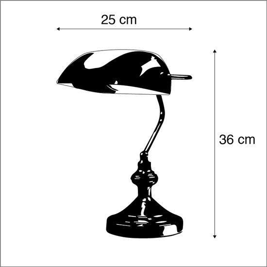 Représentation schématique d'une lampe de bureau noire avec dimensions : largeur 25 cm, hauteur 36 cm.