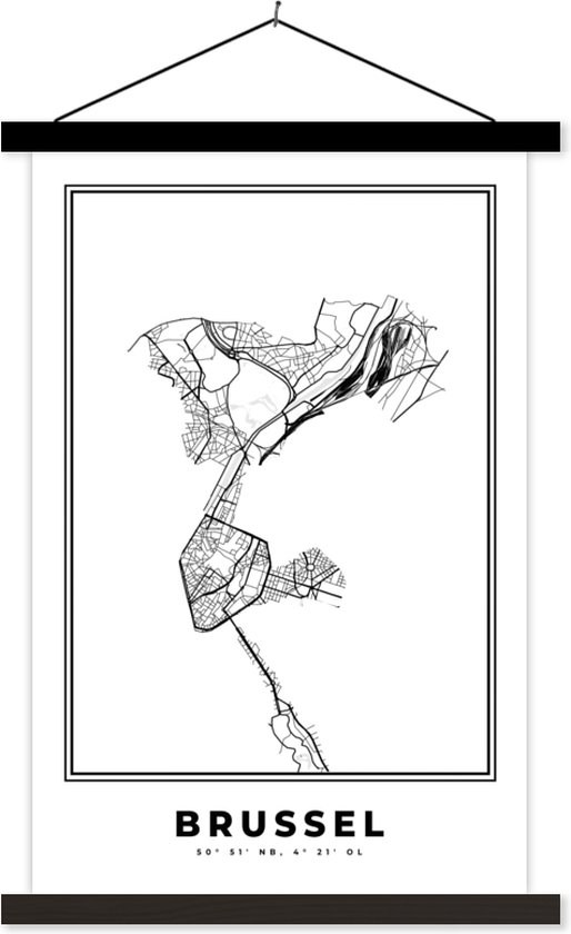 Posterhanger incl. Poster 60x90 cm - Schoolplaat - Stadskaart – Zwart Wit - Kaart – Brussel – België – Plattegrond - Textielposter - Zwarte latten - Plattegrond