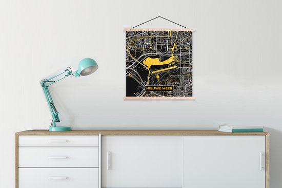 Posterhanger incl. Poster 90x90 cm - Schoolplaat - Kaart - Plattegrond - Stadskaart - Nederland - Nieuwe Meer - Textielposter - Blanke latten - Stadskaart