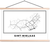Posterhanger incl. Poster - Schoolplaat - Stadskaart – Zwart Wit - Kaart – Sint Niklaas – België – Plattegrond - 150x100 cm - Blanke latten - Plattegrond