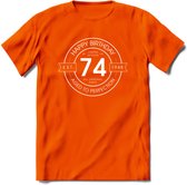 74th Happy Birthday T-shirt | Vintage 1948 Aged to Perfection | 74 jaar verjaardag cadeau | Grappig feest shirt Heren – Dames – Unisex kleding | - Oranje - L