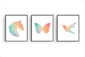 Schilderij  Set 3 geometrische paard vlinder kolibrie gekleurd / Bos / 40x30cm