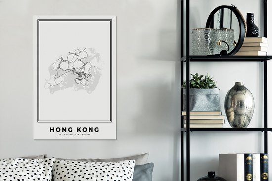 Tableau Peinture Hong Kong - Plan de Ville - Zwart Wit - 60x90 cm - Décoration murale