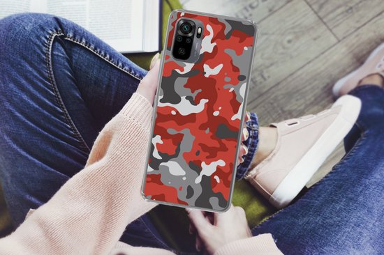 Coque Xiaomi Redmi Note 10 - Rouge avec Motif camouflage Gris - Coque de Téléphone en Siliconen
