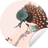 WallCircle - Muurstickers - Behangcirkel - Pauwenveren - Vintage - Pauw - Bloemen - Japans - 80x80 cm - Muurcirkel - Zelfklevend - Ronde Behangsticker