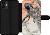 Bookcase pour téléphone iPhone 12 bibliothèque - Plumes de paon - Paon - Japonais - Vintage - Avec poches - Étui portefeuille avec fermeture magnétique