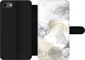 Bookcase Geschikt voor iPhone SE 2020 telefoonhoesje - Marmer print - Gouden - Zwart - Met vakjes - Wallet case met magneetsluiting