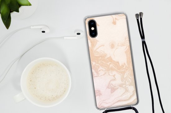 Cordon téléphonique - Chaîne téléphonique - Coque avec cordon iPhone XS - Marbre - Oranje - Wit - Siliconen - Bandoulière - Coque pour téléphone avec cordon