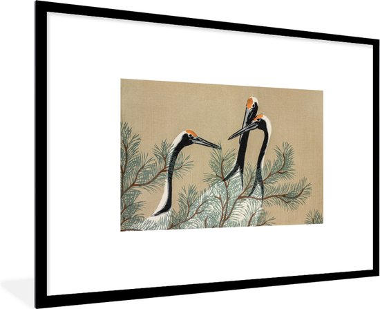 Fotolijst incl. Poster - Kraanvogel - Bladeren - Vintage - Japans - Scandinavisch - 90x60 cm - Posterlijst