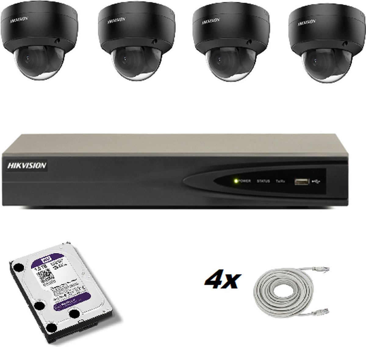 Set met 4 zwarte camera’s van Hikvision DS-2CD2146G2-I 2.8mm 4mp, Hikvision recorder en Western Digital harde schijf