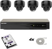 Set avec 4 caméras noires de Hikvision DS-2CD2146G2-I 2,8 mm 4mp, enregistreur Hikvision et disque dur Western Digital