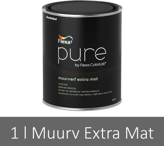 Flexa Pure muurverf extra mat in een zwarte blik met logo en productinformatie.