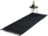 Relaxdays vloerkleed leder en katoen - tapijt met franjes - diverse kleuren - binnenkleed - Zwart, 80 x 200 cm