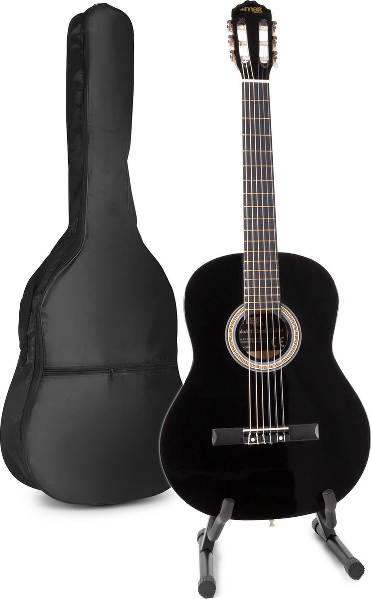 Akoestische gitaar voor beginners - MAX SoloArt klassieke gitaar / Spaanse gitaar met o.a. 39'' gitaar, gitaar standaard, gitaartas, gitaar stemapparaat en extra accessoires - Zwart