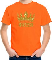 Oranje Queen gouden glitter kroon - t-shirt kinderen - Oranje Koningsdag kleding 134/140