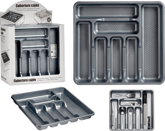 Range-couverts/porte-couverts en plastique 7 compartiments gris 42 x 39 cm - Tiroir de cuisine/plateau à couverts
