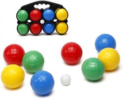 foto van Jeu de boules set - gekleurd - in draagtas - 8 ballen - kunststof - reis/camping/vakantie