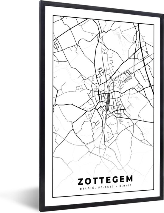 Carte de la ville de Zottegem, Belgique, en noir et blanc, avec coordonnées, dans un cadre noir.