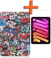 iPad Mini 6 Hoes Graffiti Book Case Cover Met Screenprotector - iPad Mini 6 Book Case Graffiti - iPad Mini 6 Hoesje Met Beschermglas