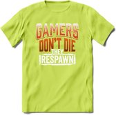 Gamers don't die T-shirt | Oranje | Gaming kleding | Grappig game verjaardag cadeau shirt Heren – Dames – Unisex | - Groen - 3XL