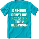 Gamers don't die pixel T-shirt | Groen | Gaming kleding | Grappig game verjaardag cadeau shirt Heren – Dames – Unisex | - Blauw - XL