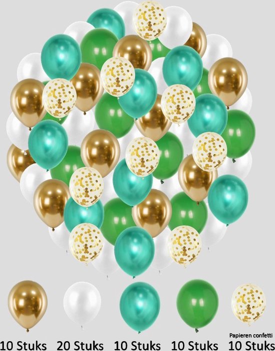 TripleAgoods 60 stuks Goud met Groen Helium Ballonnen met Lint – Verjaardag Versiering - Decoratie voor jubileum - Verjaardagversiering - Feestartikelen - Trouwfeest - Geslaagd versiering - Vrijgezellenfeest - Geschikt voor Helium en Lucht