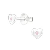 Zilveren hartjes oorbellen transparant roze 4mm