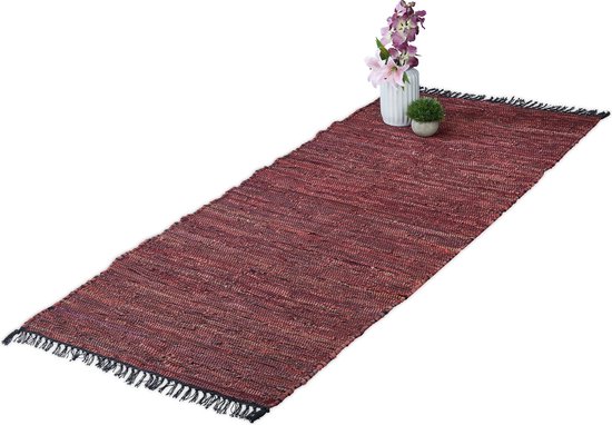 Relaxdays vloerkleed - leder en katoen - tapijt - antislip - chill mat - lappen - franjes - Rood, 80 x 200 cm