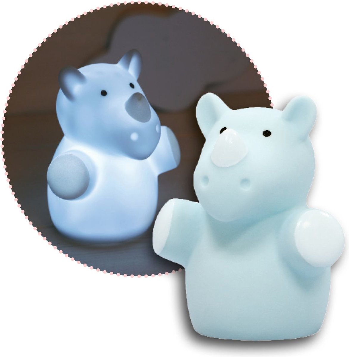 Reer Lumilu Nachtlampje Mini Zoo Neushoorn - LED Nachtlampje voor Kinderkamer - Lichtblauw/Wit