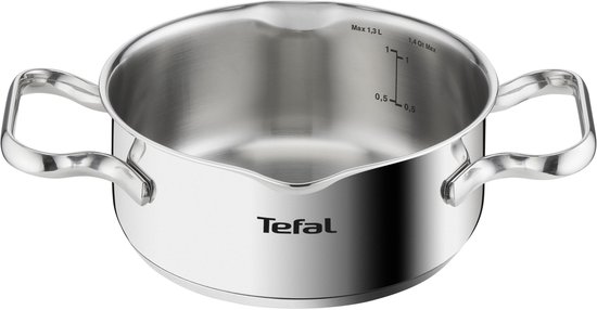Kleine roestvrijstalen pan met handvatten en maatstreepjes: Max 1,3 L, 1,4 Qt.