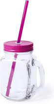 1x stuks Glazen Mason Jar drinkbekers roze dop en rietje 500 ml - afsluitbaar/niet lekken/fruit shakes