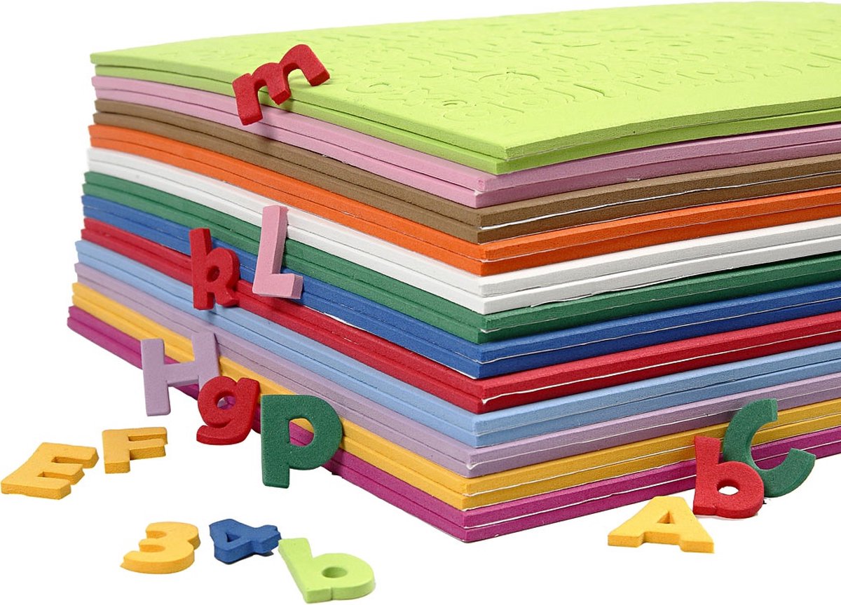 EVA Foam Cijfers & Letters, h: 20 mm, kleuren assorti, 24 assorti vel