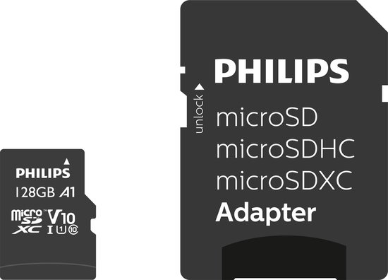 Philips microSD-kaart en adapter. De kaart is 128 GB A1. De adapter heeft de tekst 'unlock' en 'microSD microSDHC microSDXC Adapter'.