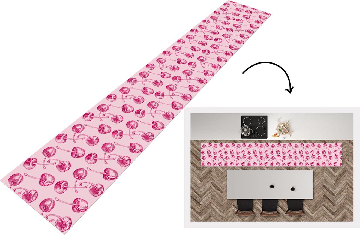 KitchenYeah Keukenloper - Keukenmat - Vintage - Kersen - Patronen - Roze - 360x60 cm - Keuken vloerkleed Multicolor