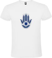 Wit T-shirt met Hamsa Hand in Blauw en Wit size S