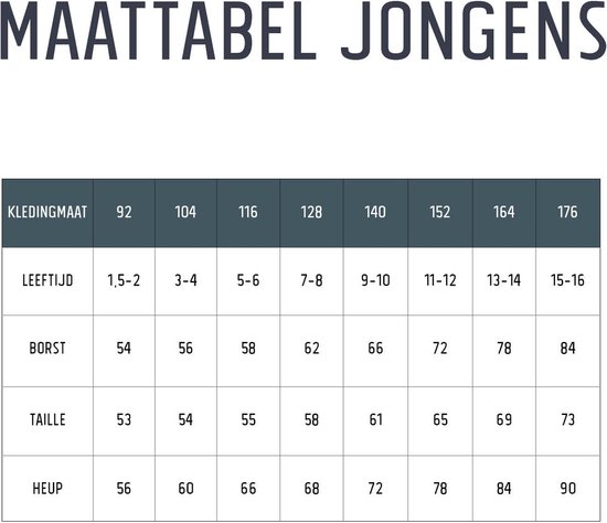 Maattabel voor jongenskleding met maten.