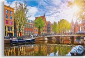 Schilderij Amsterdam op 300 g/m2 100% canvas gedrukt | 80 x 60 cm | 18 mm houten canvas frame | 4/0 full colour gedrukt | Zeer hoge kwaliteit canvas schilderij | Met ophangsysteem