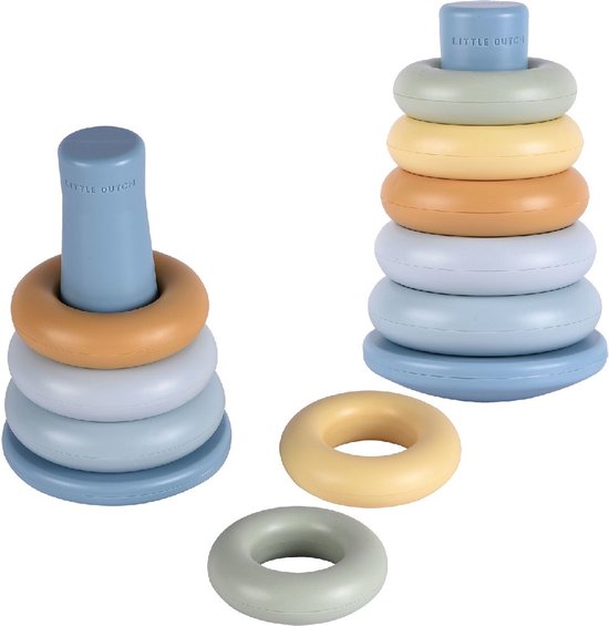 Twee blauwe stapelringen, één met vier pastelkleurige ringen, de andere met zeven ringen.