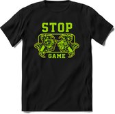 Stop and game | Gaming kado T-Shirt heren - dames | Groen-Geel | Perfect game pc cadeau shirt | Grappige console spreuken - zinnen - teksten Maat XL