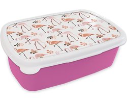 Broodtrommel Roze - Lunchbox - Brooddoos - Patroon - Flamingo - Bloemen - 18x12x6 cm - Kinderen - Meisje