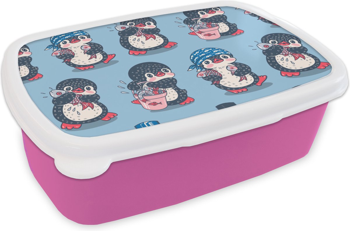 Broodtrommel Roze - Lunchbox - Brooddoos - Pinguïn - Design - Vis - 18x12x6 cm - Kinderen - Meisje