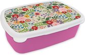 Broodtrommel Roze - Lunchbox - Brooddoos - Bladeren - Bloemen - Design - 18x12x6 cm - Kinderen - Meisje