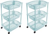 2x stuks keuken/kamer opberg trolleys/roltafels met 3 manden 62 x 41 cm lichtblauw - Etagewagentje met opbergkratten