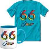 66 Jaar Vrolijke Verjaadag T-shirt met mok giftset Blauw | Verjaardag cadeau pakket set | Grappig feest shirt Heren – Dames – Unisex kleding | Koffie en thee mok | Maat M