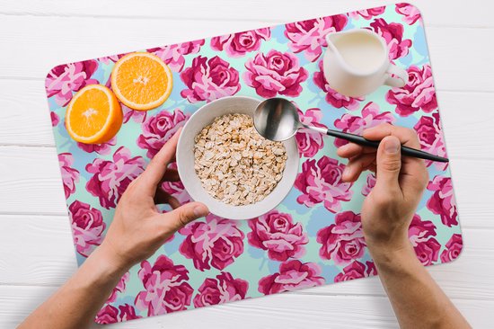 Placemat - Placemats kunststof - Bloemen - Rozen - Patroon - 45x30 cm - 6 stuks - Hittebestendig - Anti-Slip - Onderlegger - Afneembaar