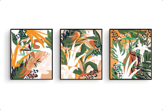 Schilderij  Set 3 Abstracte botanische bladeren / Abstract / 50x40cm