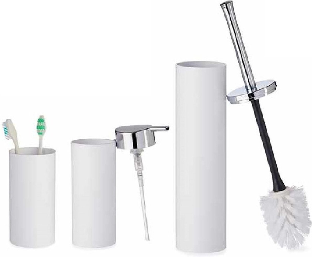 Badkamer set toiletborstel/ + zeeppompje + beker wit van kunststof