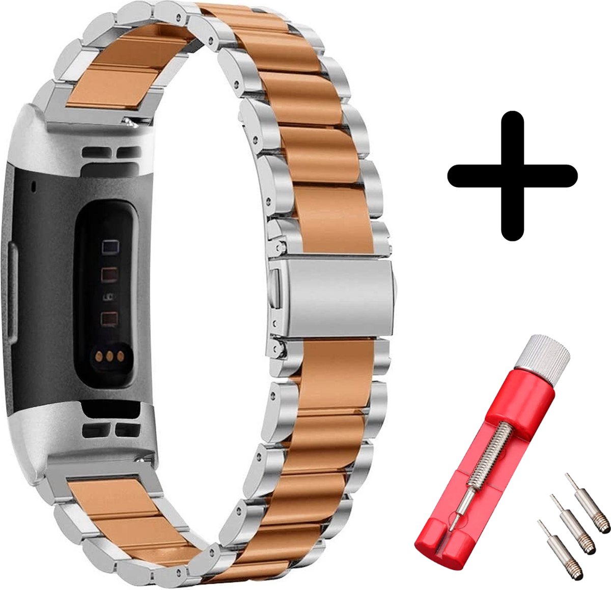 Strap-it Bandje staal zilver/rosé goud + toolkit geschikt voor Fitbit Charge 3 / 4